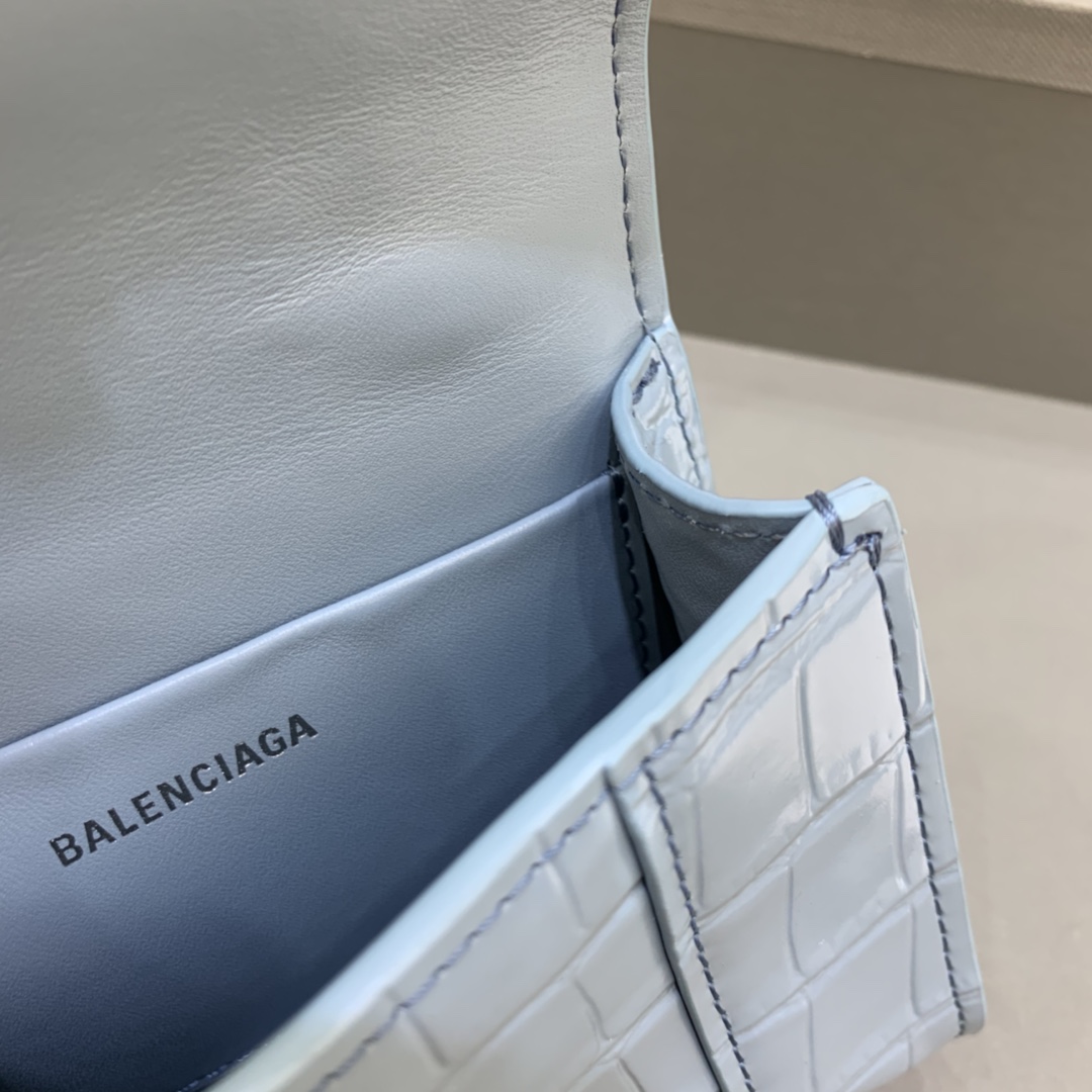 Balenciaga Hourglass Mini Handbag With Chain Crocodile Embossed Shoulder Bag Light blue